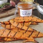 Grilled sweet potatoes served with curry ketchup