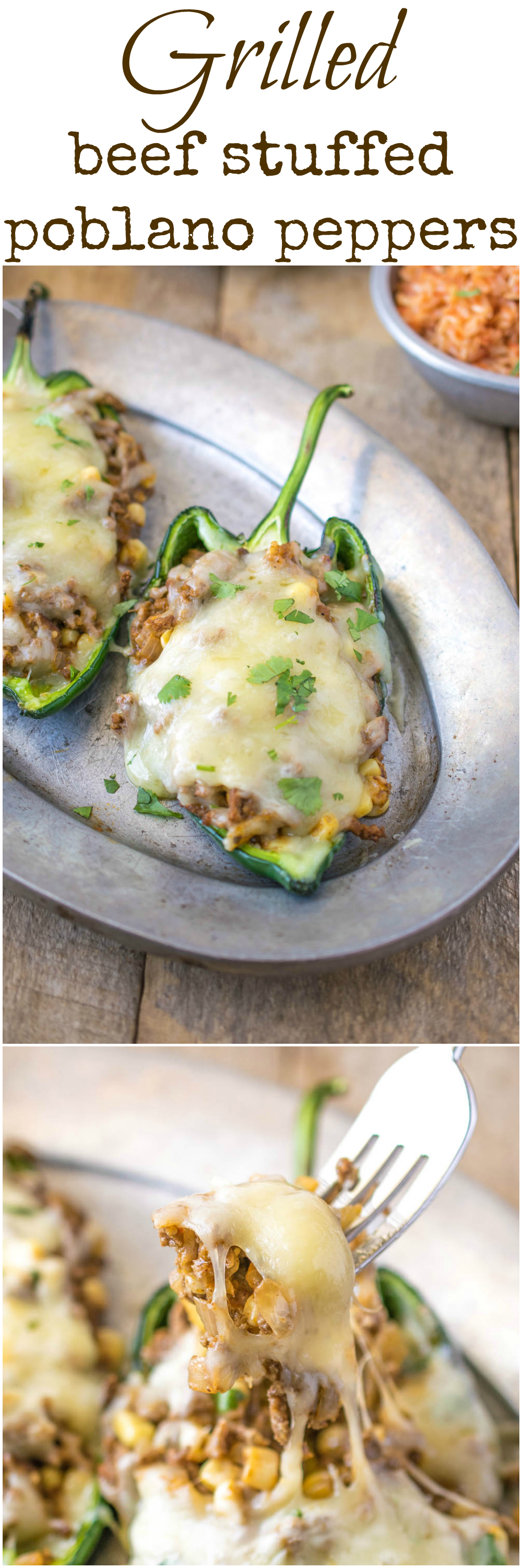 Grilled beef stuffed poblano peppers. Ground beef cooked with chili powder, corn and salsa verde stuffed into poblano peppers and topped with melted cheese.