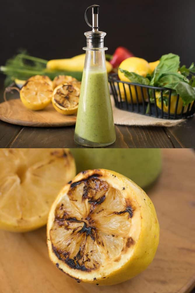A bottle of salad dressing and a closeup of a grilled lemon cut in half