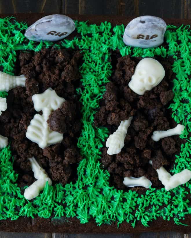 White chocolate skeletons in a brownie grave
