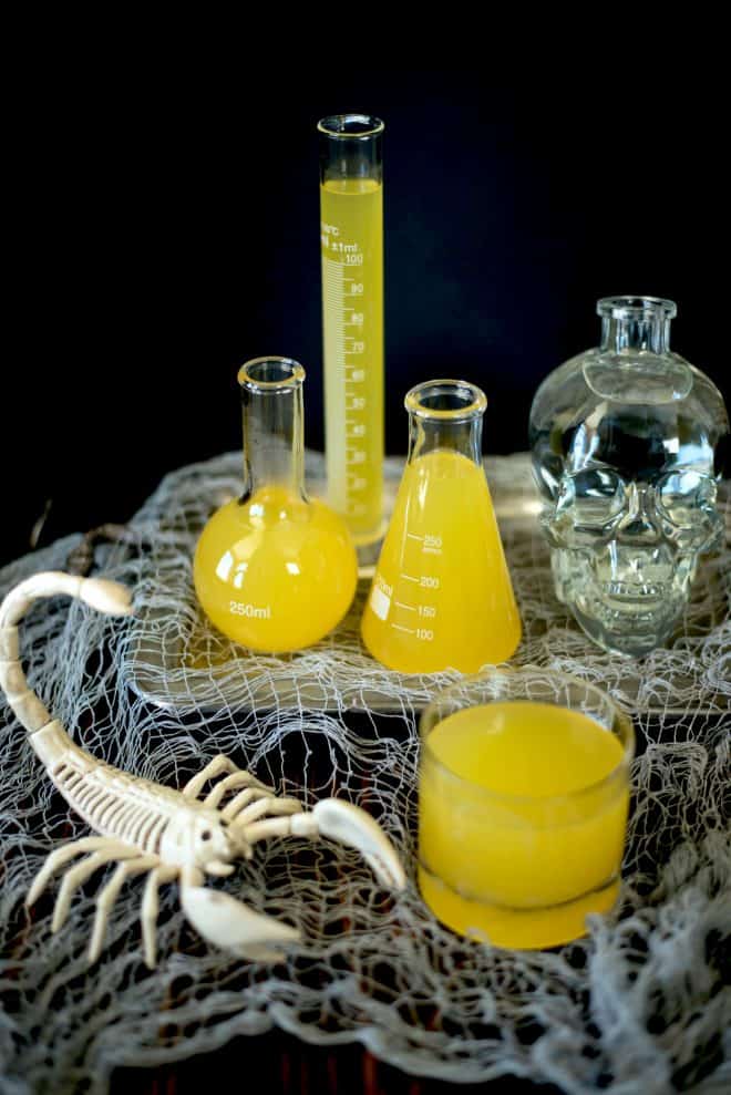 A skeleton scorpion with Halloween Scorpion Venom punch and a bottle of skull vodka