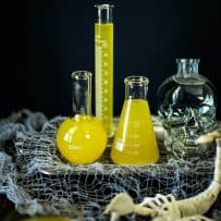 Science beakers are used as serving vessels for Halloween Scorpion Venom Punch
