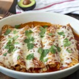 5 enchiladas in an oval baking dish