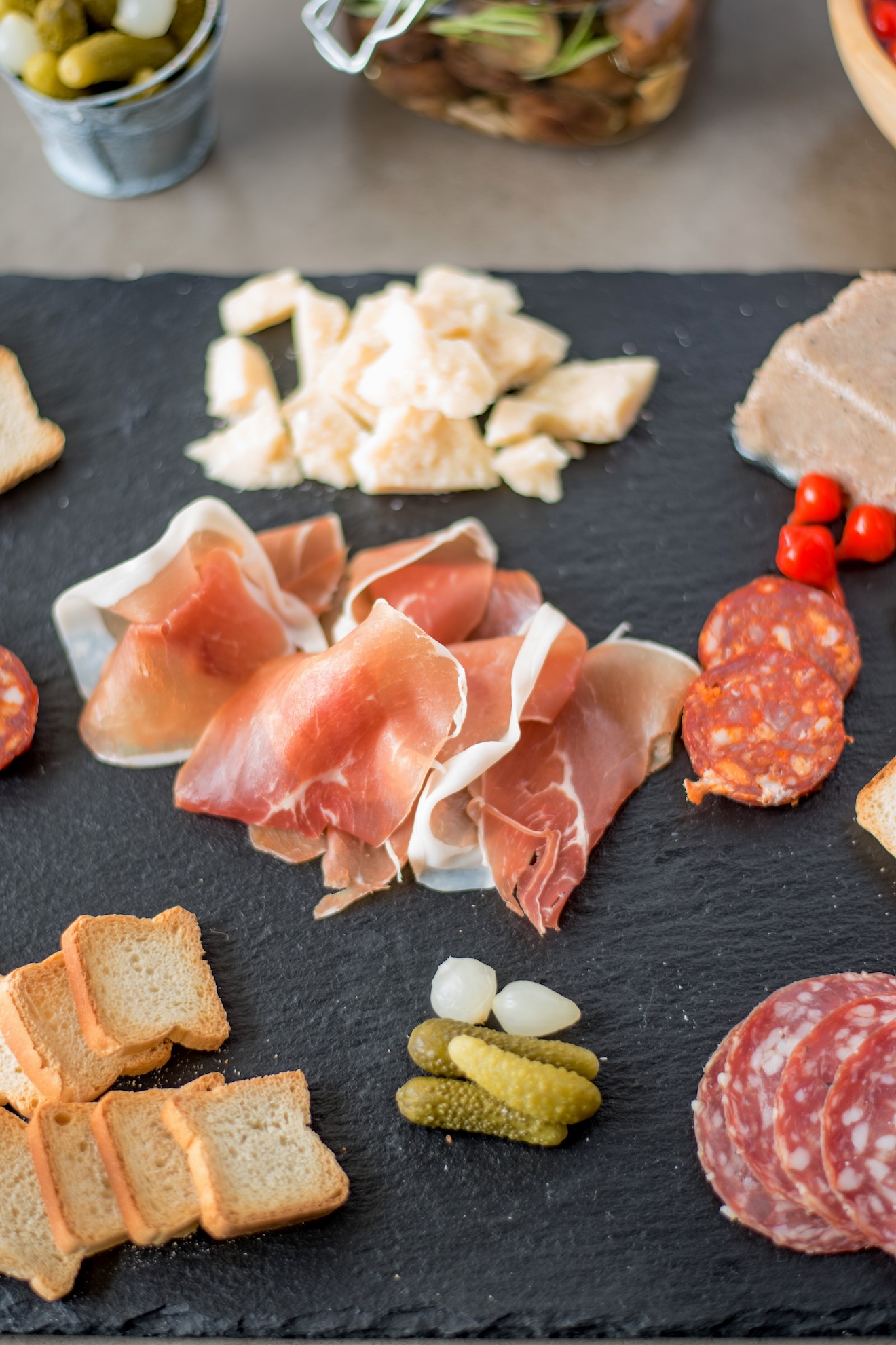 Charcuterie plates with meat and cheese