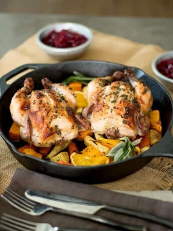 Herb roasted Cornish hens with root vegetables might just be the perfect one pan, Thanksgiving dinner for 2. Individual Cornish hens are crusted with fresh herbs, then roasted on a bed of root vegetables and apple for a delicious, pan roasted meal.