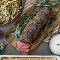 A complete holiday meal of beef tenderloin, green beans and mashed potato casserole