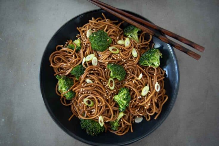 Hoisin Broccoli Noodles viewed from overhead