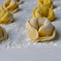 Homemade Cheese Tortellini lined up on a board