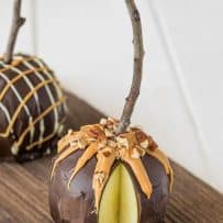A chocolate apple with a slice taken out showing the green apple