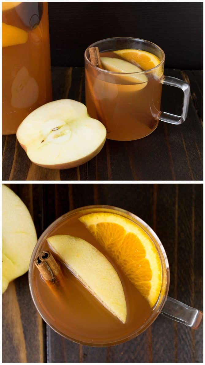Half an apple alongside a mug of apple cider and view from the top showing orange slice, apple slice and cinnamon stick