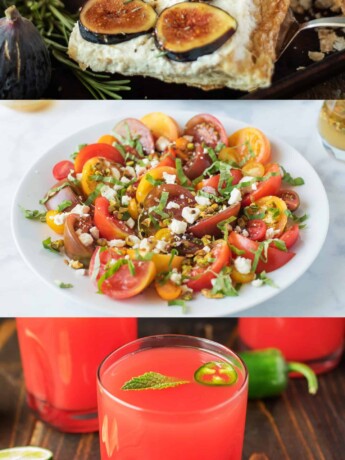 Fresh figs, slice tomatoes on a white plate and a blended watermelon drink in a glass