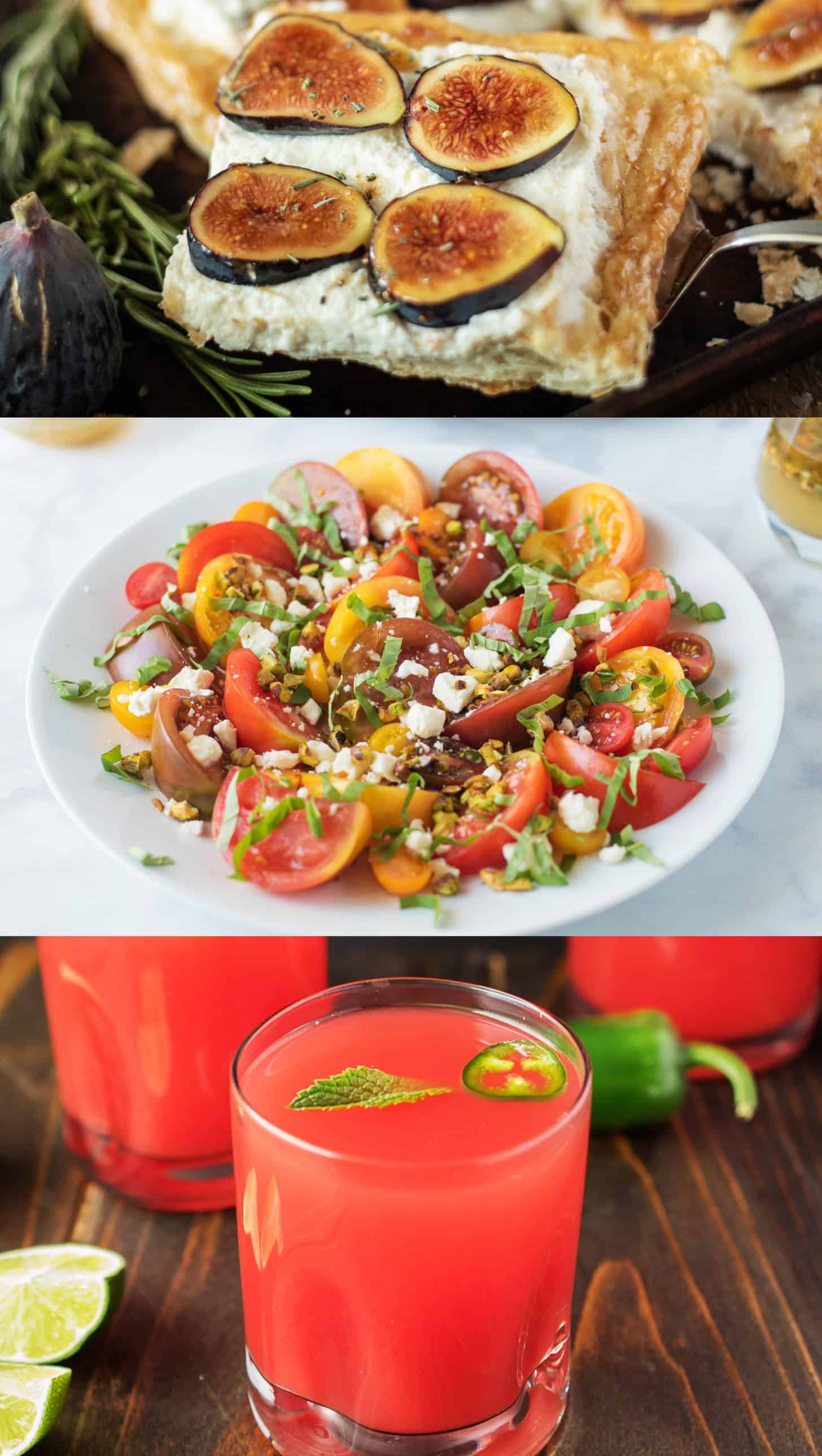 Fresh figs, slice tomatoes on a white plate and a blended watermelon drink in a glass