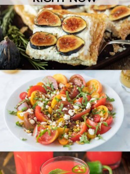 A slice of fig tart, heirloom tomato salad and a glass of watermelon agua fresca