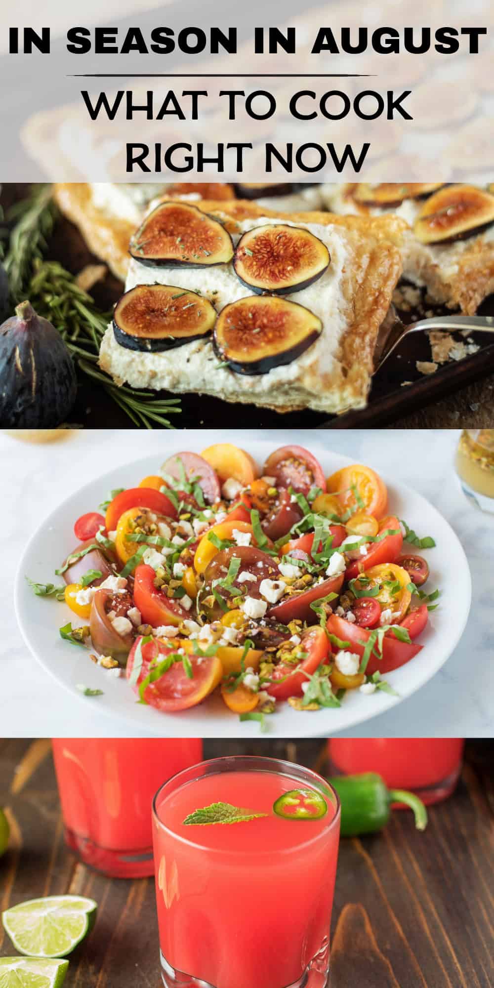 A slice of fig tart, heirloom tomato salad and a glass of watermelon agua fresca