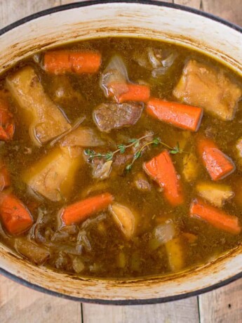 Irish beef and Guinness stew in a large Dutch oven pan