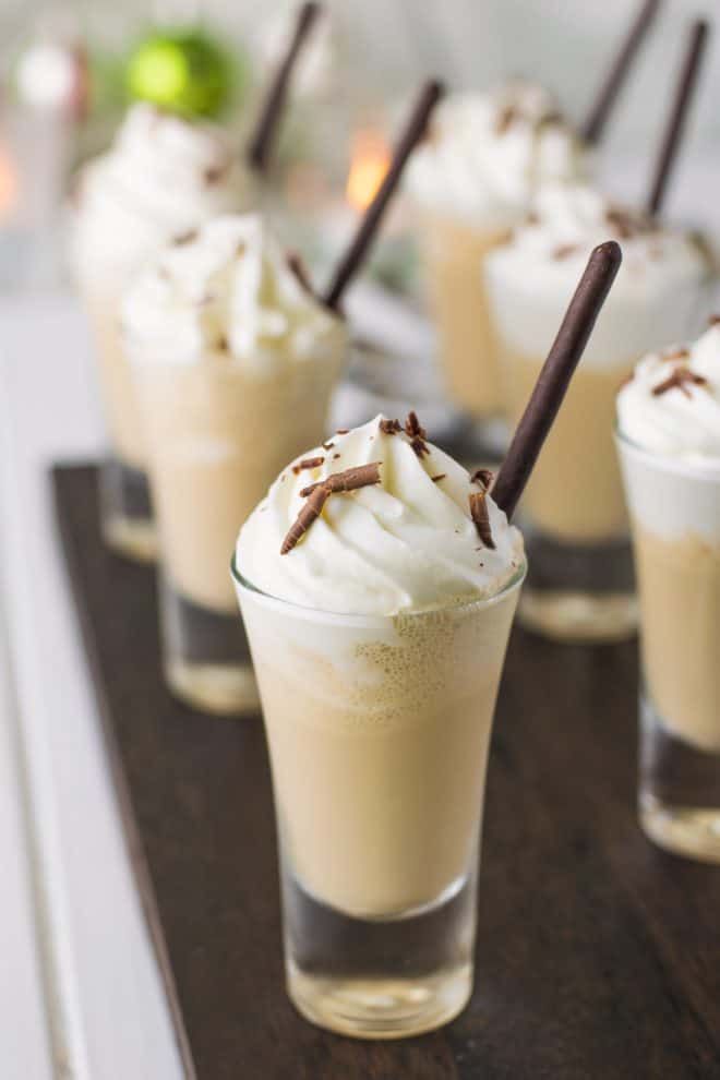 Creamy Irish coffee milkshake topped with whipped cream and shaved chocolate