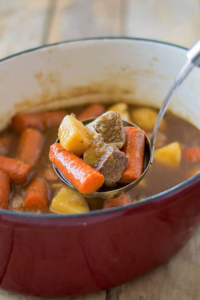 A ladle of beef, carrots and parsnips