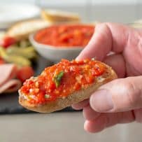 Italian roasted red pepper relish on a crostini