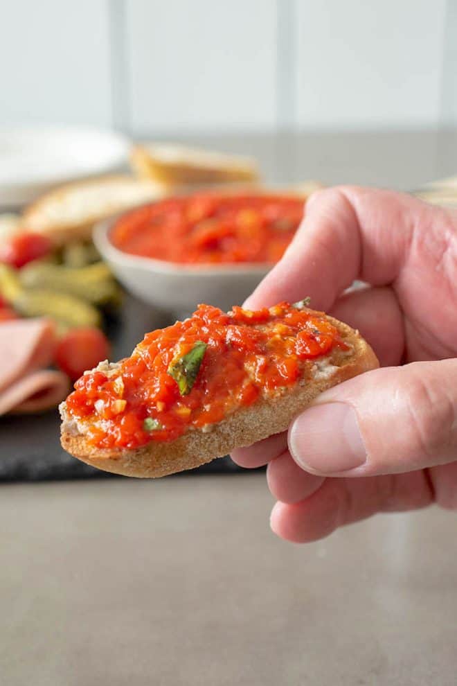 Italian roasted red pepper relish on a crostini