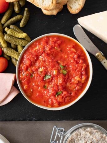 Viewed from overhead on a charcuterie plate