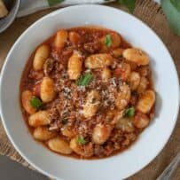 Gnocchi ragu in a white bowl viewed from overhead