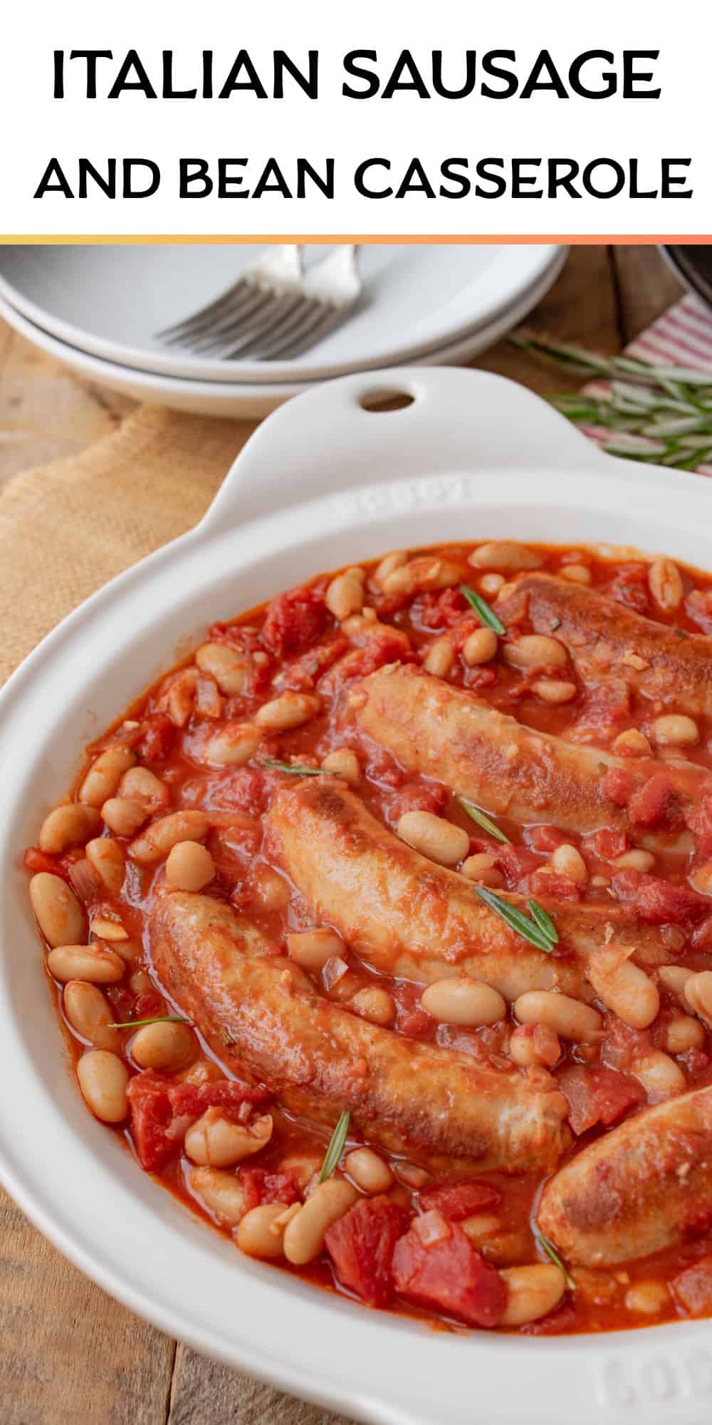 A close up of Italian sausages cooked in tomato sauce with beans