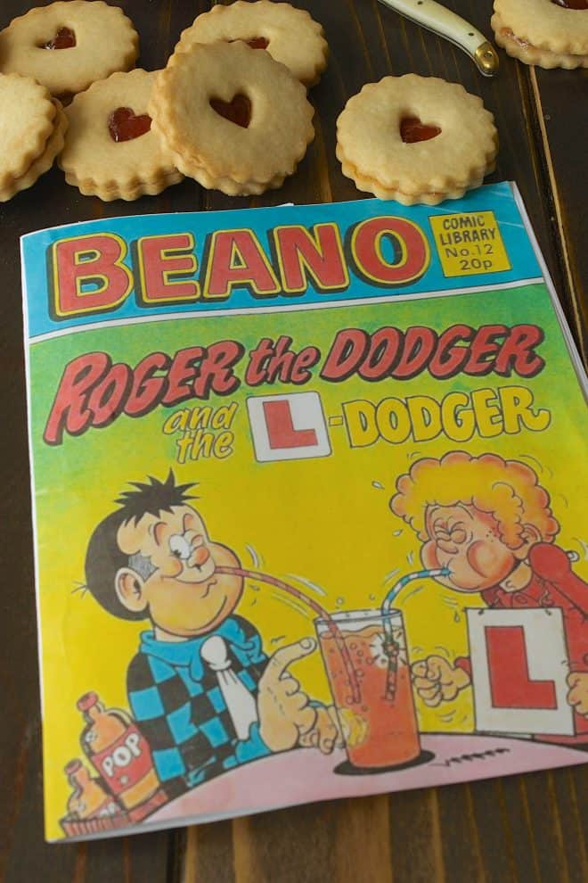 A copy of a Beano comic and Jammie Dodgers Cookies
