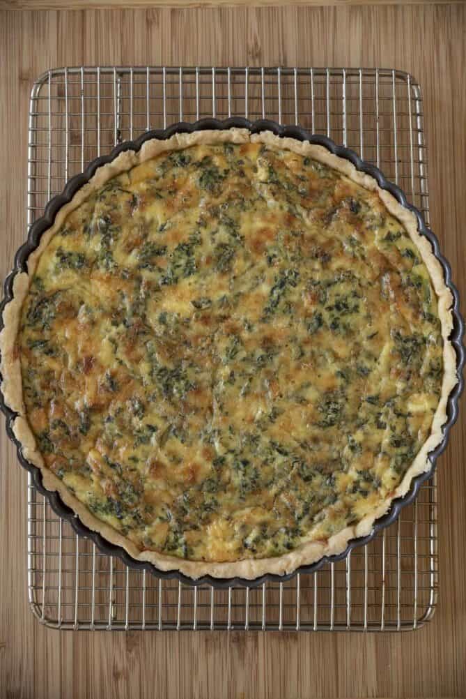 King Charles Coronation Quiche viewed from overhead on a cooling rack