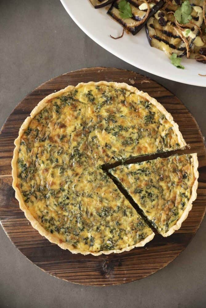 An overhead view of a vegetable quiche