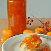 A jar of kumquat marmalade with some spread onto bread