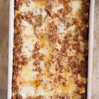 A rectangle casserole dish filled with lasagna