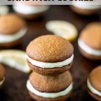 Lemon ginger cream sandwich cookies stacked on top of each other