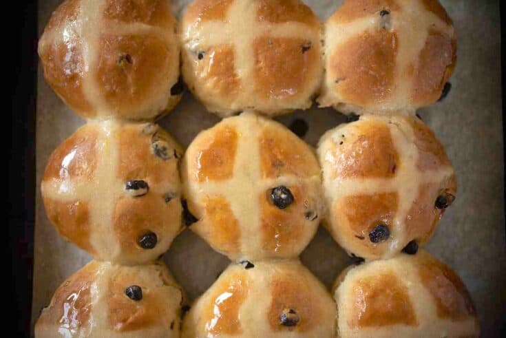 Hot cross buns on a baking sheet