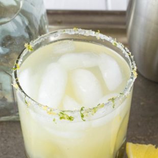 A closeup showing a salt, lemon and lime rimmed glass