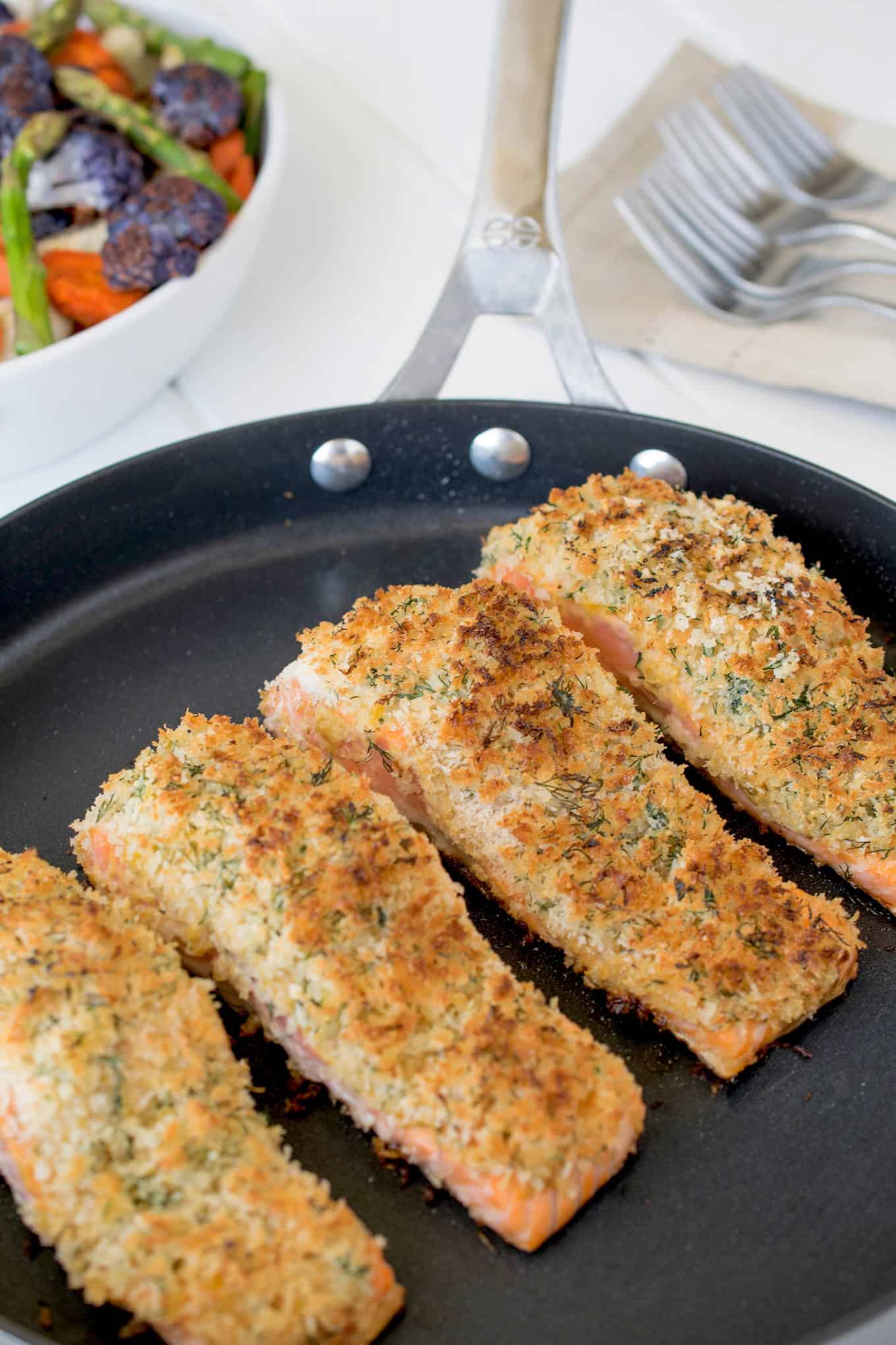 A crispy panko topping on salmon