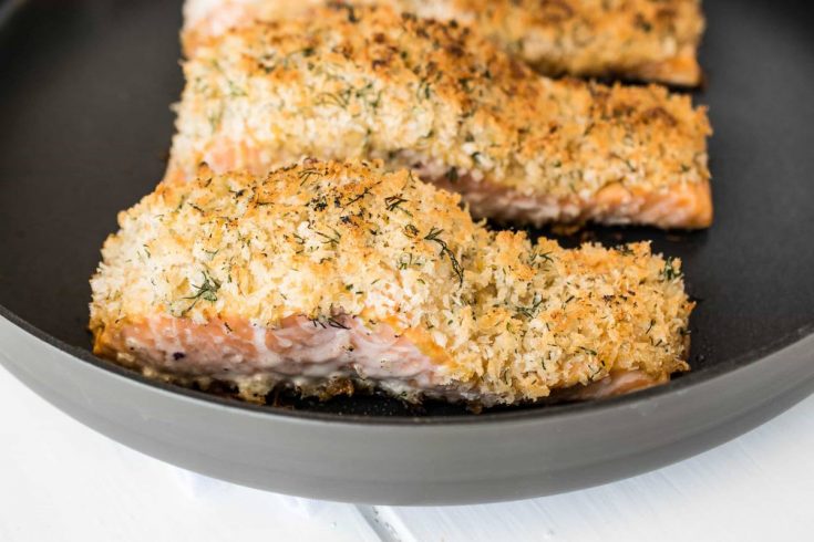 A closeup showing the panko breading on the salmon