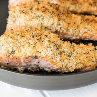A closeup showing the panko breading on the salmon