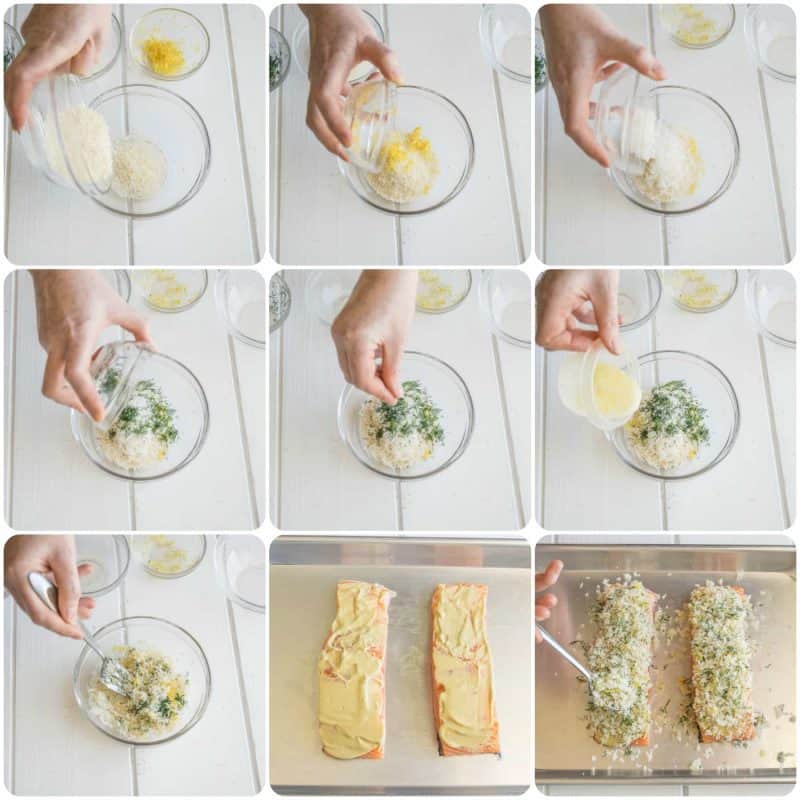 Showing the steps to making lemon parmesan crusted salmon