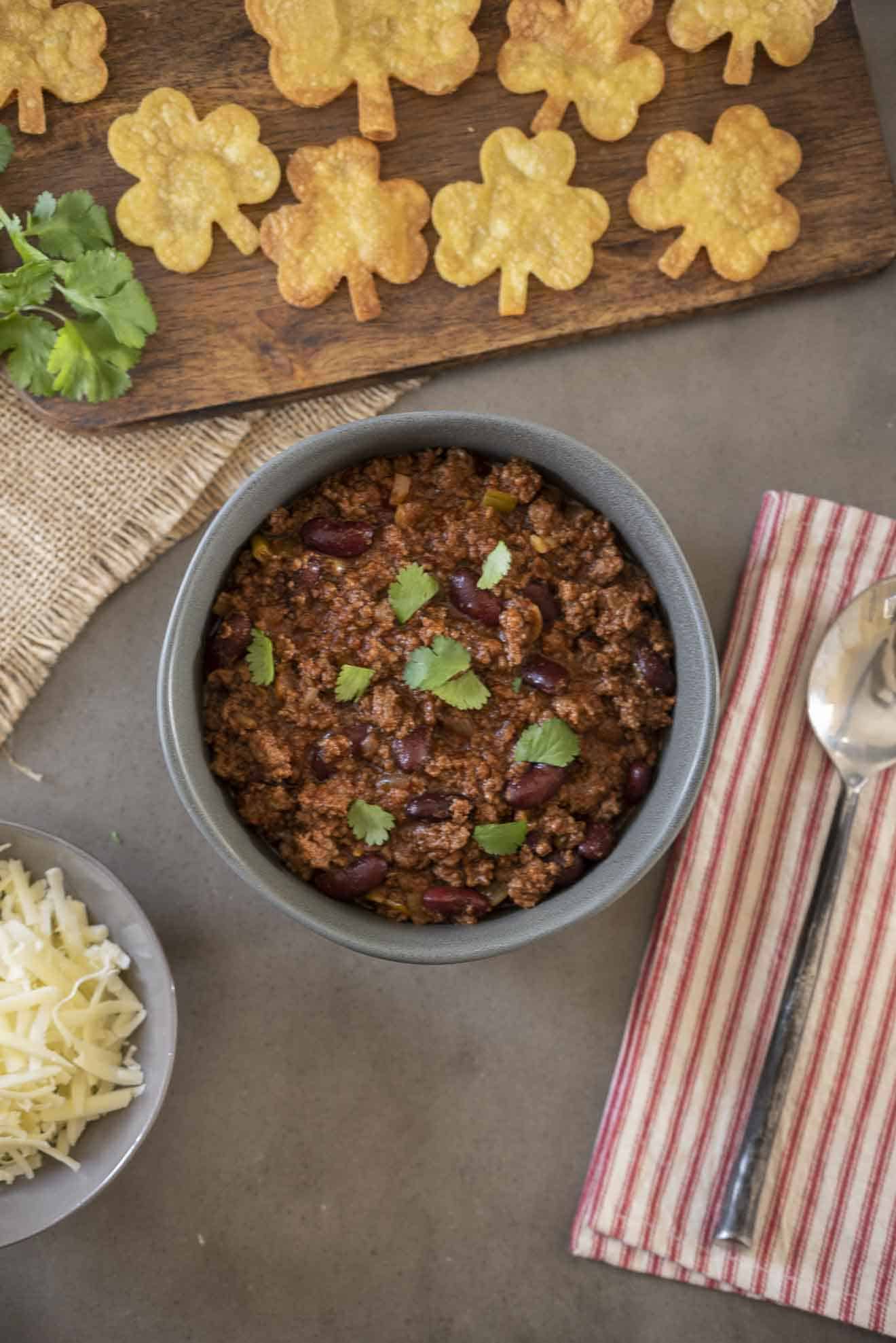 A bowl of chili seen from above