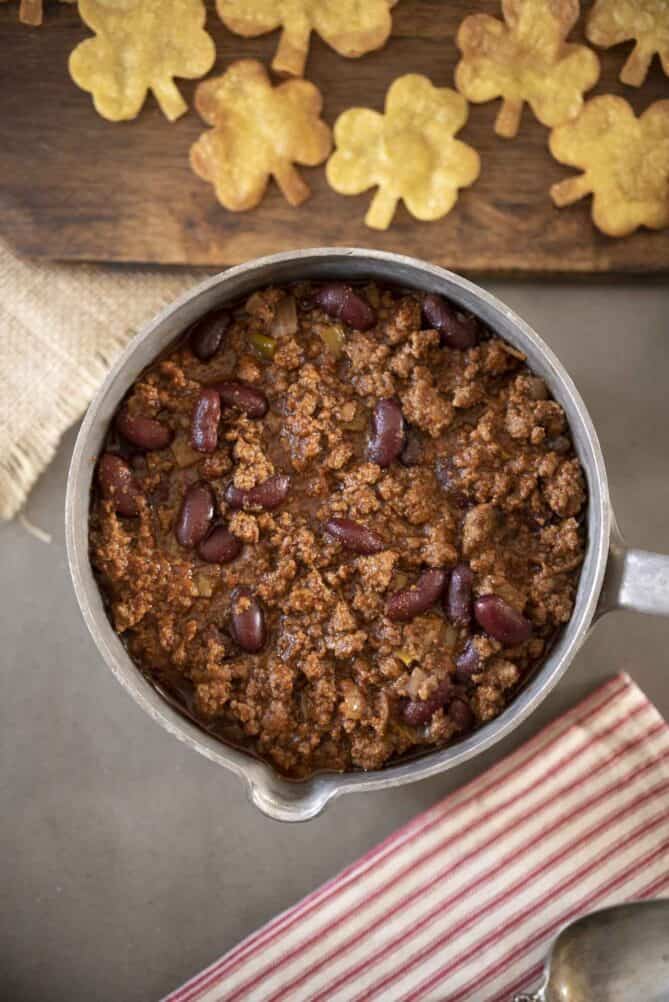 A pan of beef and lamb Irish chili con carne