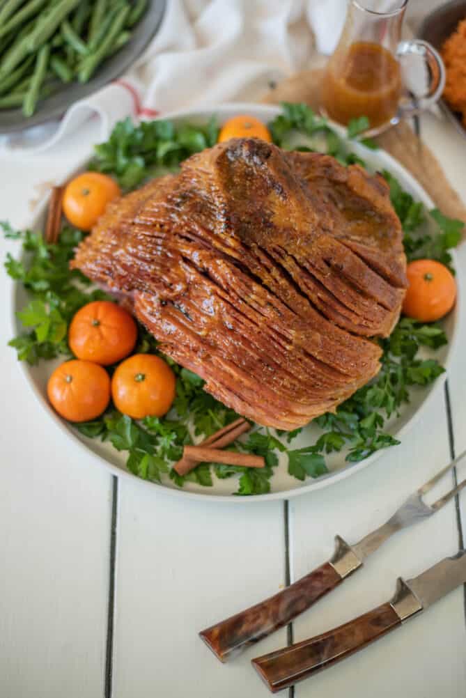A glazed ham viewed from overhead