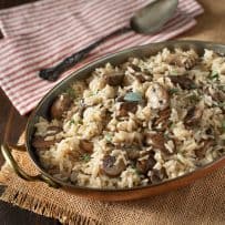 Meaty mushrooms and fresh sage in a rice pilaf