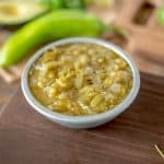 A grey bowl full of New Mexico Hatch Green Chile Sauce