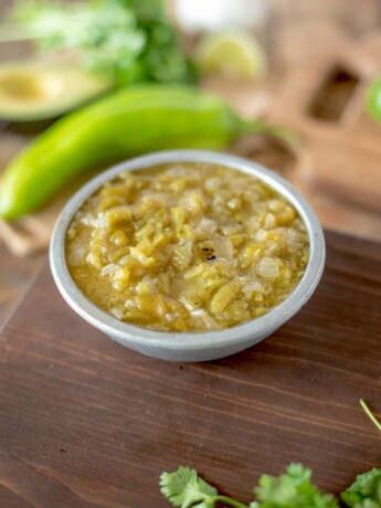 A grey bowl full of New Mexico Hatch Green Chile Sauce