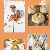 New Year's Eve appetizer ideas of nuts, puff pastry bites with shrimp, mini milkshakes and spiced mini peppers