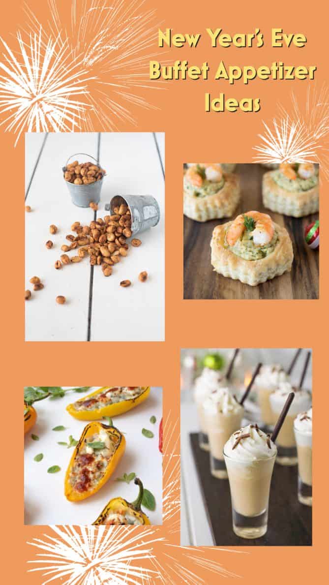 New Year’s Eve Buffet Appetizer Ideas of nuts, puff pastry bites with shrimp, mini milkshakes and spiced mini peppers