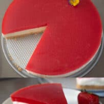 A whole cheesecake that has been sliced with a slice on a plate with a fork