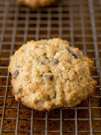 An oatmeal cookie with chocolate chips and raisins