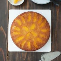 The cake viewed from overhead showing the orange segments on top