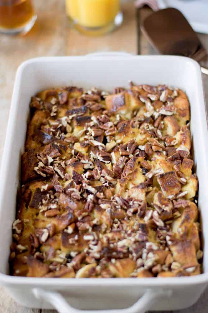 A French toast casserole in a rectangle dish fresh out of the oven